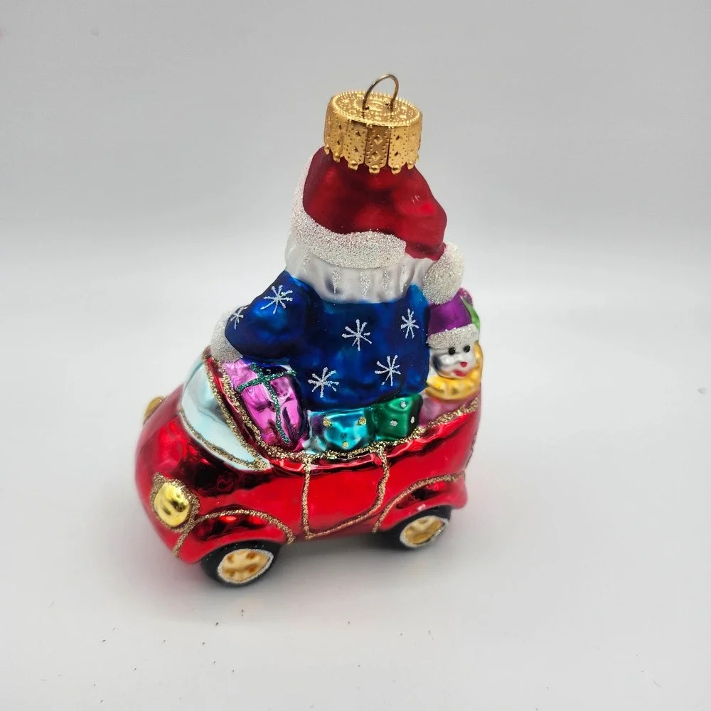 Vintage Polish Blown Glass‎ Santa in Red Car Christmas Ornament Hand Painted